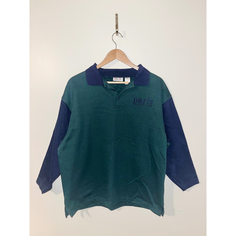 Paris Sport Club Long Sleeve Polo Shirt Green Navy Colorblock Vintage Y2K 2000s